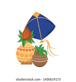 Ugadi indian celebration emblems lotus jars and kite cartoons vector illustration graphic design