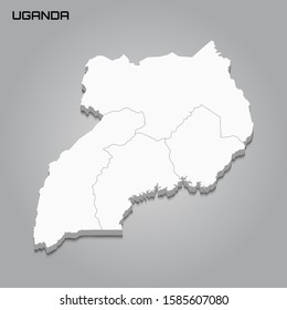 Uganda 3d map with borders of regions. Vector illustration