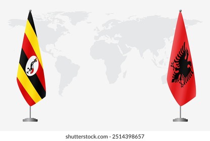 Uganda and Albania flags for official meeting against background of world map.