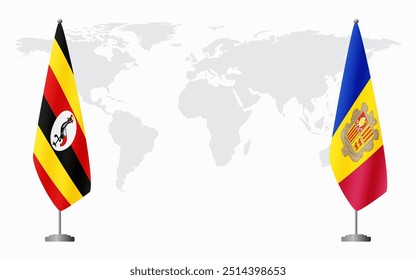 Uganda and Andorra flags for official meeting against background of world map.