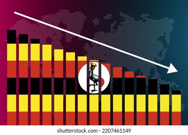 Uganda bar chart graph, decreasing values, crisis and downgrade concept, Uganda flag on bar graph, down arrow on data, news banner idea, fail and decrease, financial statistic