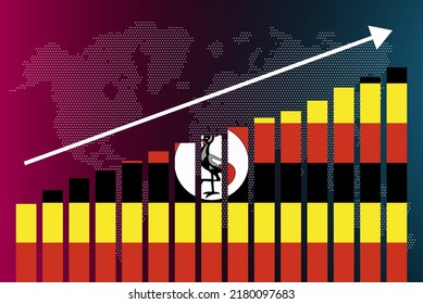 Uganda bar chart graph, increasing values, country statistics concept, Uganda country flag on bar graph, upward rising arrow on data, news banner idea