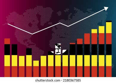 Gráfico de barras de Uganda con altibajos, valores crecientes, bandera de Uganda en el gráfico de barras, flecha ascendente en los datos, idea de pancarta de noticias, concepto de país en desarrollo