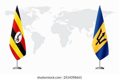 Bandeiras de Uganda e Barbados para reunião oficial contra fundo do mapa do mundo.