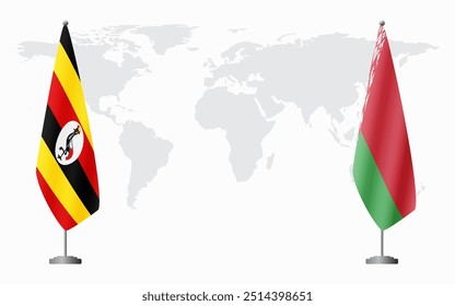 Uganda and Belarusian flags for official meeting against background of world map.