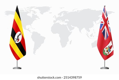 Uganda and Bermuda flags for official meeting against background of world map.