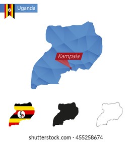 Uganda blue Low Poly map with capital Kampala, versions with flag, black and outline. Vector Illustration.