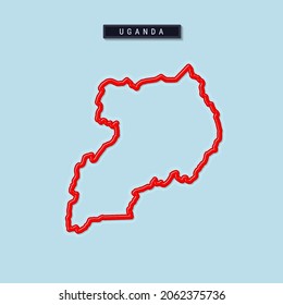 Mapa del esquema en negrita de Uganda. Borde rojo brillante con sombra suave. Placa de nombre de país. Ilustración vectorial 3D.