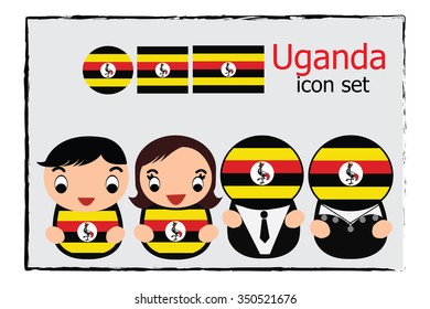 Uganda boy, girl, businessman, business women cartoon vector illustration and Uganda round, square and normal flag icon set
