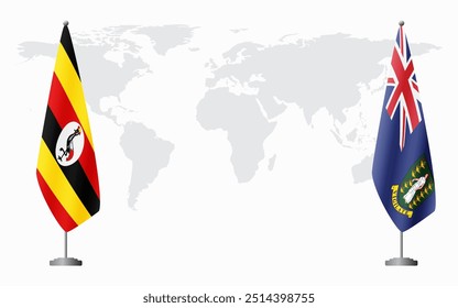 Uganda and British Virgin Islands flags for official meeting against background of world map.