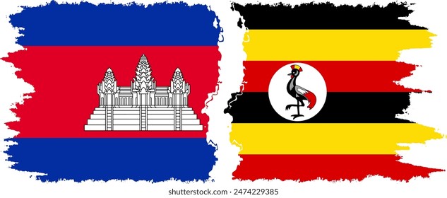 Uganda and Cambodia grunge flags connection, vector