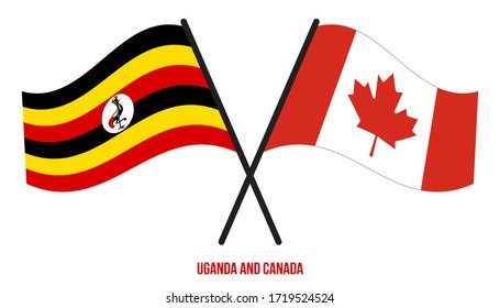 Uganda and Canada Flags Crossed And Waving Flat Style. Official Proportion. Correct Colors.