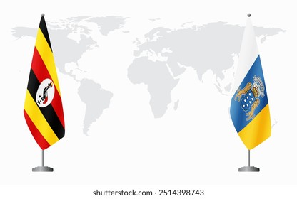 Bandeiras de Uganda e Ilhas Canárias para reunião oficial contra o fundo do mapa do mundo.