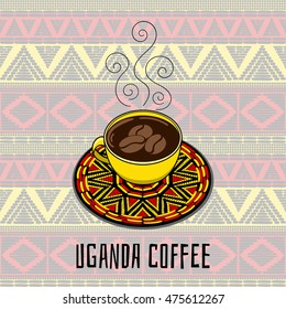 Uganda coffee vector illustration. Coffee cup with decorated plate. Ornamental print. Design for banner, flyer, poster or tourist drink and food design.