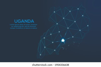 Uganda communication network map. Vector low poly image of a global map with lights in the form of cities. Map in the form of a constellation, mute and stars.