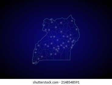 Uganda concept vector map with glowing cities, map of Uganda suitable for technology,innovation or internet concepts.