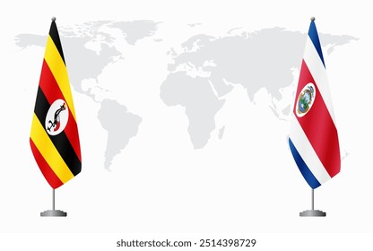 Uganda and Costa Rica flags for official meeting against background of world map.