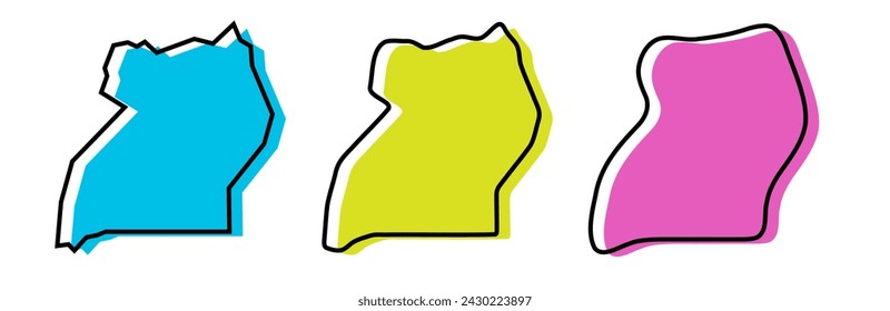Uganda country black outline and colored country silhouettes in three different levels of smoothness. Simplified maps. Vector icons isolated on white background.