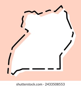 Uganda country simplified map. White silhouette with black broken contour on pink background. Simple vector icon
