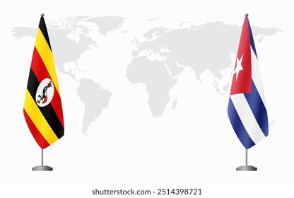 Uganda and Cuba flags for official meeting against background of world map.