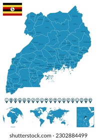 Uganda - detailed blue country map with cities, regions, location on world map and globe. Infographic icons. Vector illustration