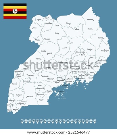 Uganda - detailed blue country map with cities and regions. Infographic icons. Vector illustration
