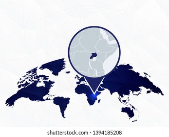 Uganda detailed map highlighted on blue rounded World Map. Map of Uganda in circle.