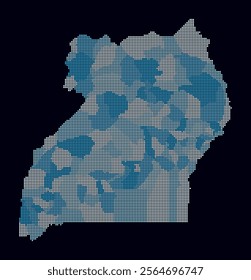 Uganda dotted map. Digital style map of the country on dark background. Uganda shape with circle dots. Colored dots style. Small size circles. Simple vector illustration.