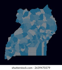 Uganda dotted map. Digital style map of the country on a dark background. Uganda shape with square dots. Colored dots style. Small-sized squares. Creative vector illustration.
