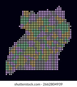 Uganda dotted map. Digital style map of the country on dark background. Uganda shape with square dots. Colored dots style. Large size squares. Awesome vector illustration.