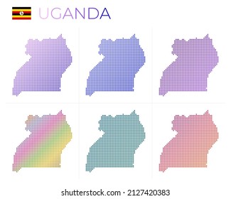 Uganda dotted map set. Map of Uganda in dotted style. Borders of the country filled with beautiful smooth gradient circles. Creative vector illustration.