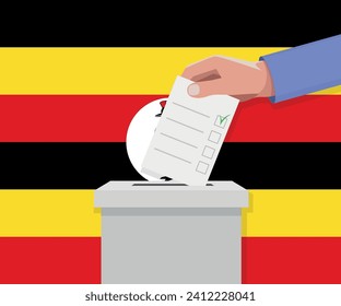 Wahlkonzept Uganda. Hand legt Wahlzettel in die Abstimmungsbox.