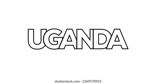 emblema de Uganda para la prensa y la web. El diseño presenta estilo geométrico, ilustración vectorial con tipografía audaz en fuente moderna. Letras gráficas de eslóganes aisladas en fondo blanco.