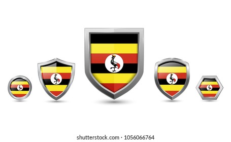 Uganda flag badges - silver shape shield circle hexagon - vector illustration