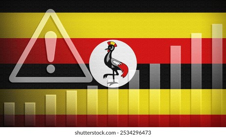 Uganda flag with burlap texture, warning sign, and rising bar chart symbolizing increasing risk or growth challenges in the country. Ideal for data presentations.