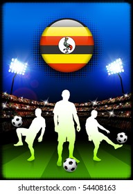 Uganda Flag Button with Soccer Match in Stadium Original Illustration