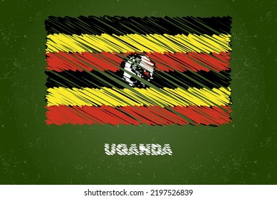 Uganda flag with chalk effect on green chalkboard, hand drawing country flag concept, green blackboard with Uganda flag, chalk texture, flag for kids, classroom material
