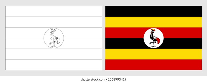 Uganda flag - coloring page. Set of white wireframe thin black outline flag and original colored flag.