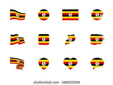 Uganda flag - flat collection. Flags of different shaped twelve flat icons. Vector illustration set