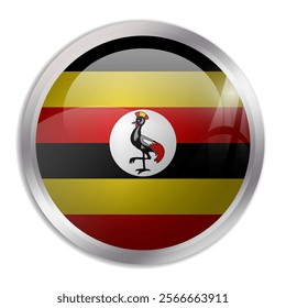 Uganda flag - glossy circle button displays a colorful flag representing a country cultural identity and heritage. The essence of national pride and unity.