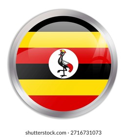 Uganda flag - glossy circle button in metal frame displays a colorful flag of a country cultural identity and heritage. The essence of national pride and unity.