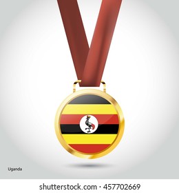 Uganda Flag in gold Medal. Vector Illustration. RIO Olympic Game gold Medal. Vector Illustration