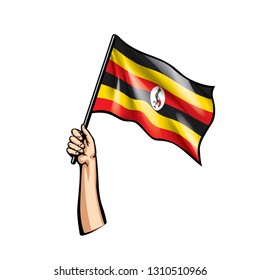 Uganda flag and hand on white background. Vector illustration