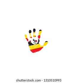 Uganda flag and hand on white background. Vector illustration