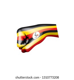 Uganda flag and hand on white background. Vector illustration