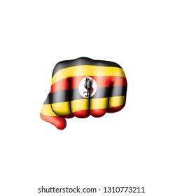 Uganda flag and hand on white background. Vector illustration