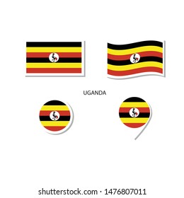 Uganda flag logo icon set, rectangle flat icons, circular shape, marker with flags.