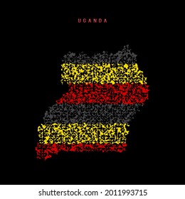 Uganda flag map, chaotic particles pattern in the colors of the Ugandan flag. Vector illustration isolated on black background.