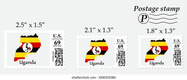 Uganda flag map on postage stamp different size.