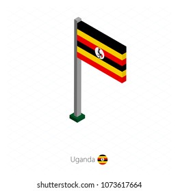Uganda Flag on Flagpole in Isometric dimension. Isometric blue background. Vector illustration.
